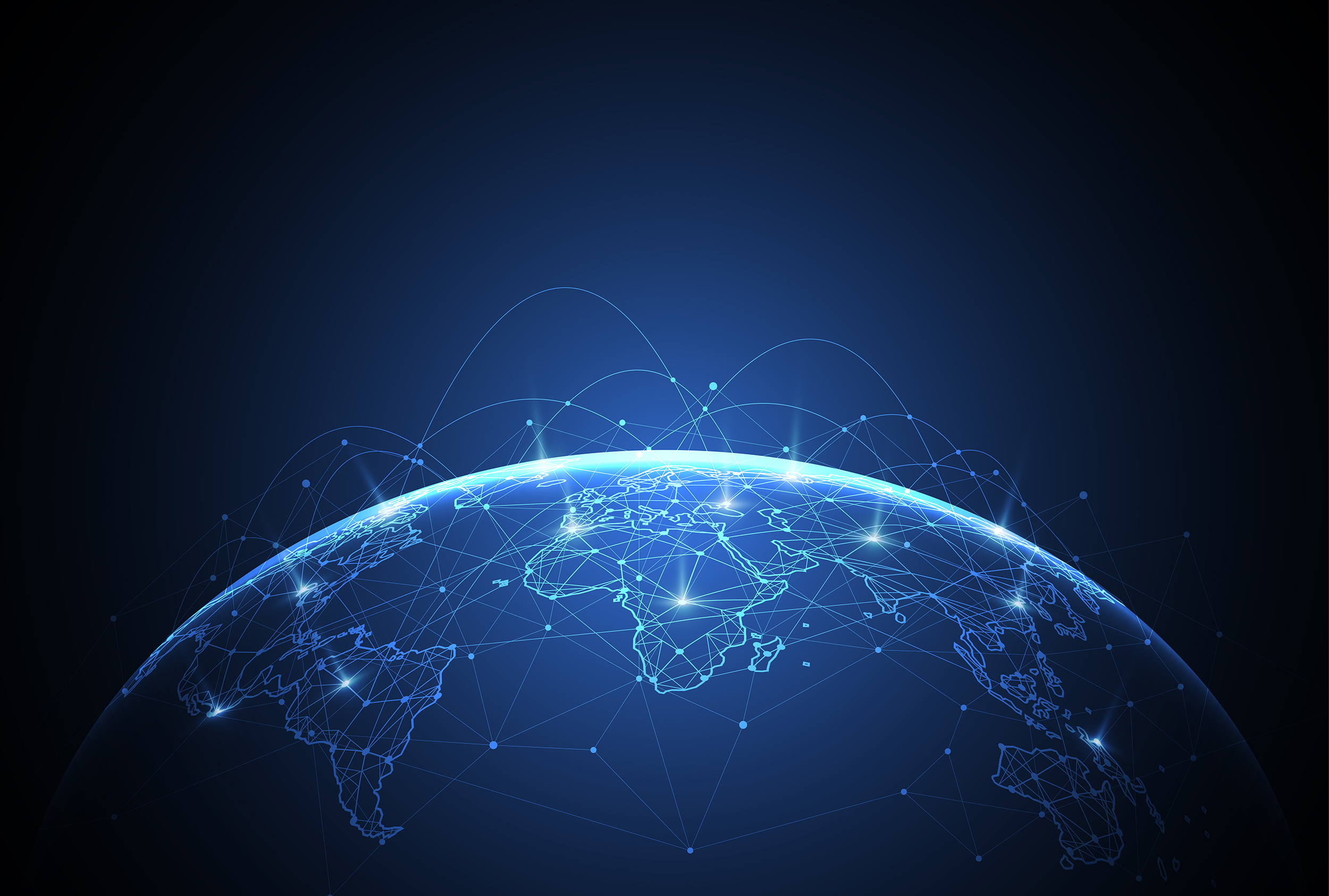 Image of the world with a virtual representation of a network connecting the world.