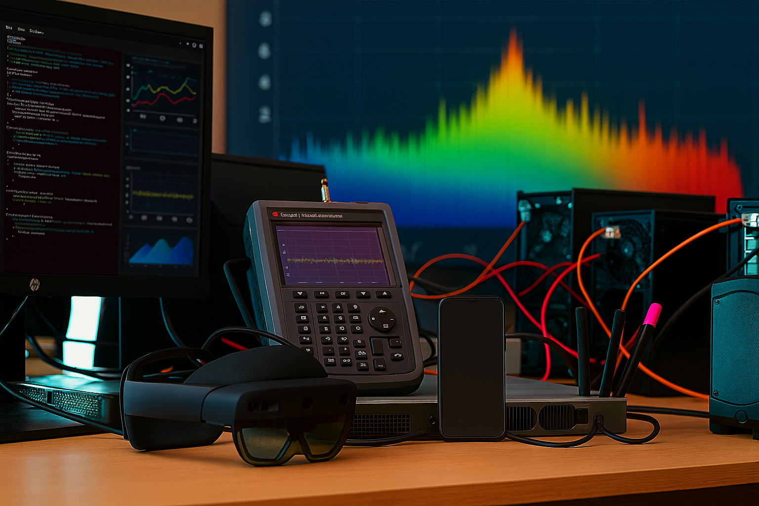 AI Generated image of spectrum sensing equipment, a smart phone, and a mixed reality headset.