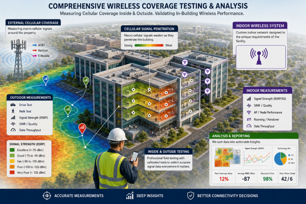 Image of a building showing cellular signal penetration and a man in a hard hat and a high viz vest using a cell phone. A title says "Comprehensive Wireless Coverage Testing and Analysis"